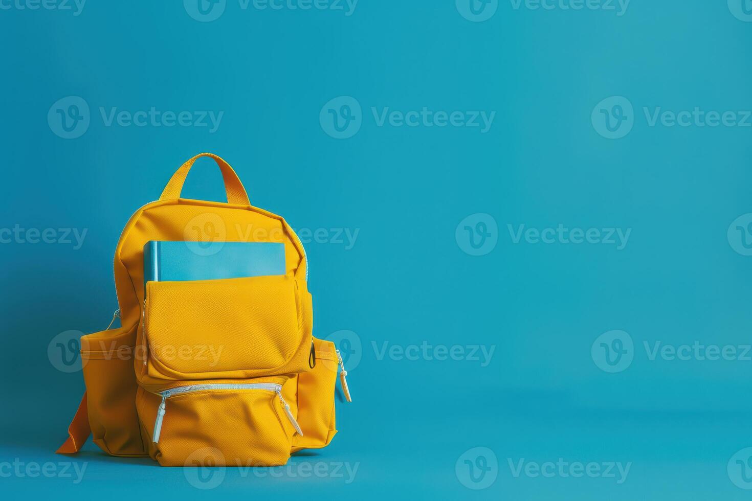 A yellow backpack with a blue notebook on a blue background photo