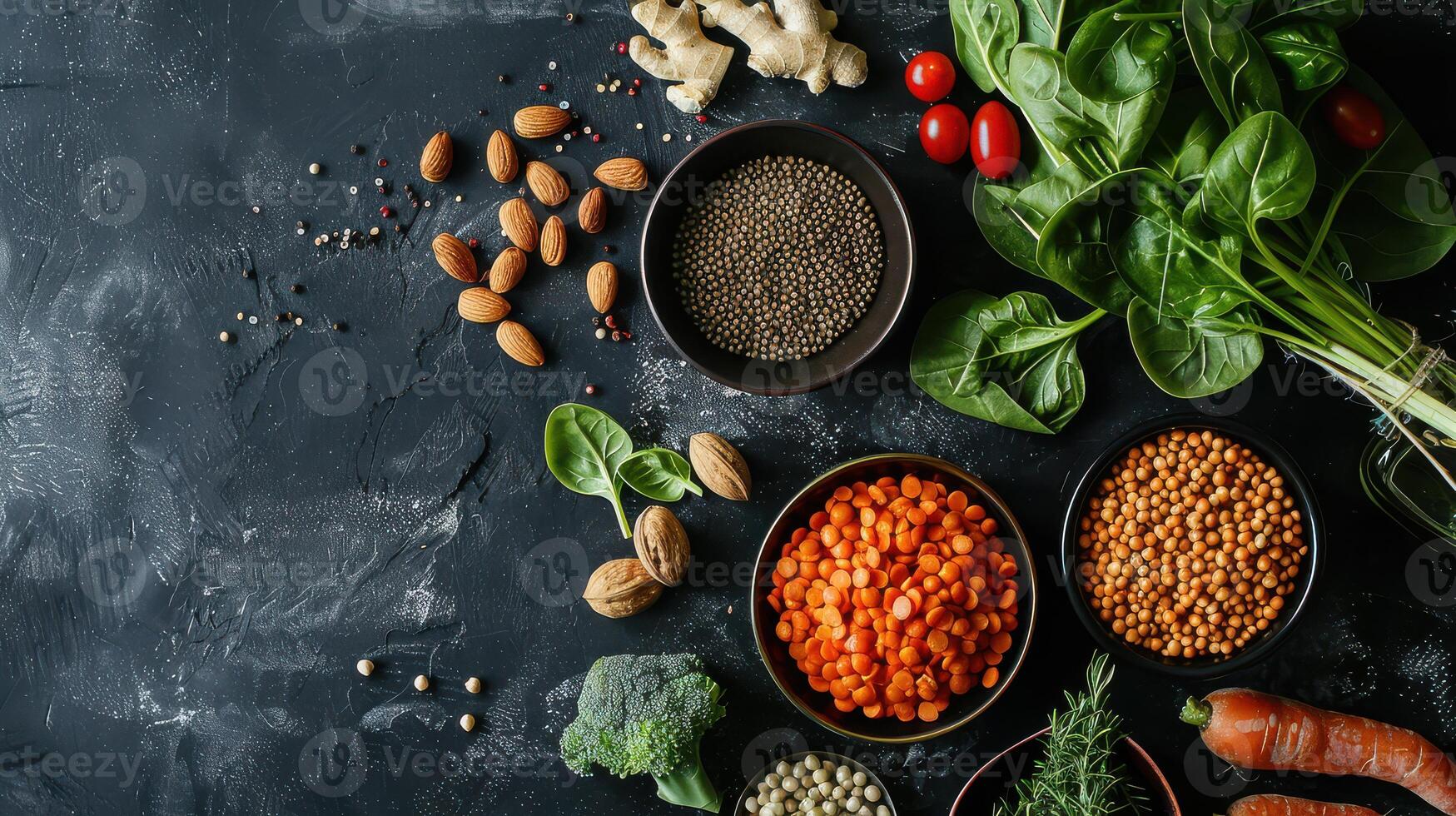 Various vegetables and beans in bowls on a black background photo