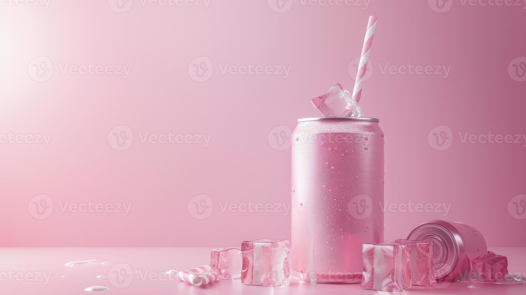 A pink drink with ice cubes and a straw photo
