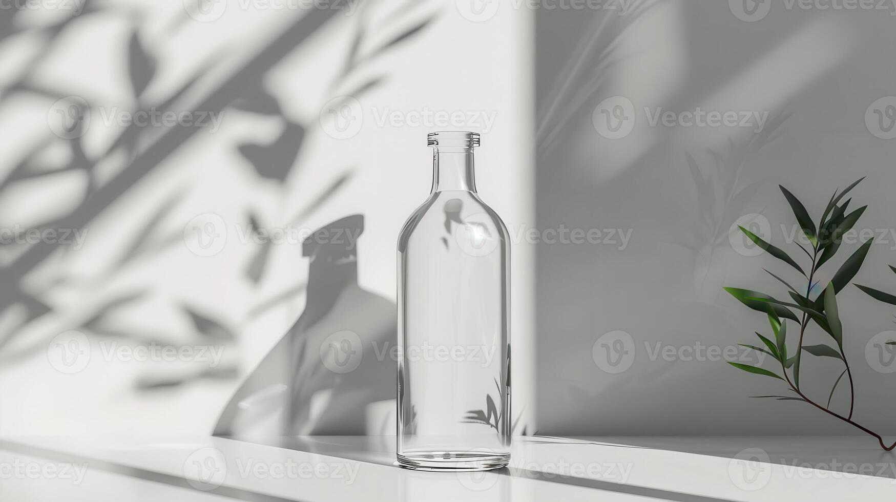 A bottle of water sits on a table with a plant photo
