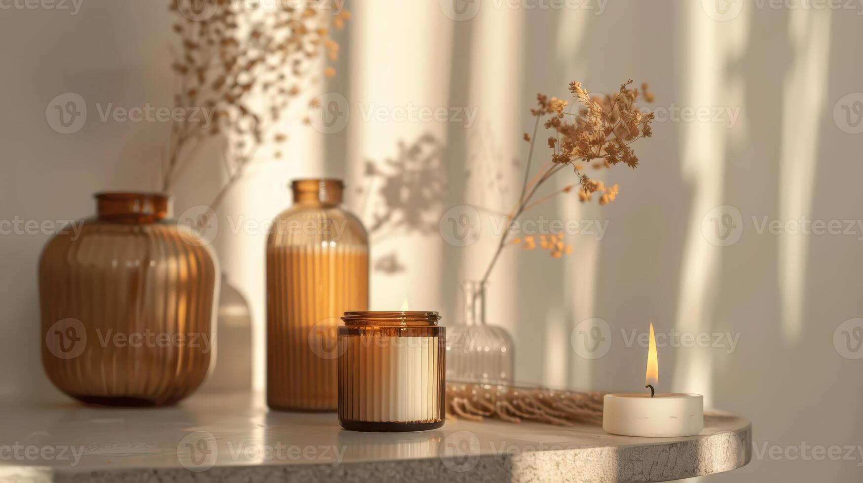 Candles and vases sit on a table in front of a window photo