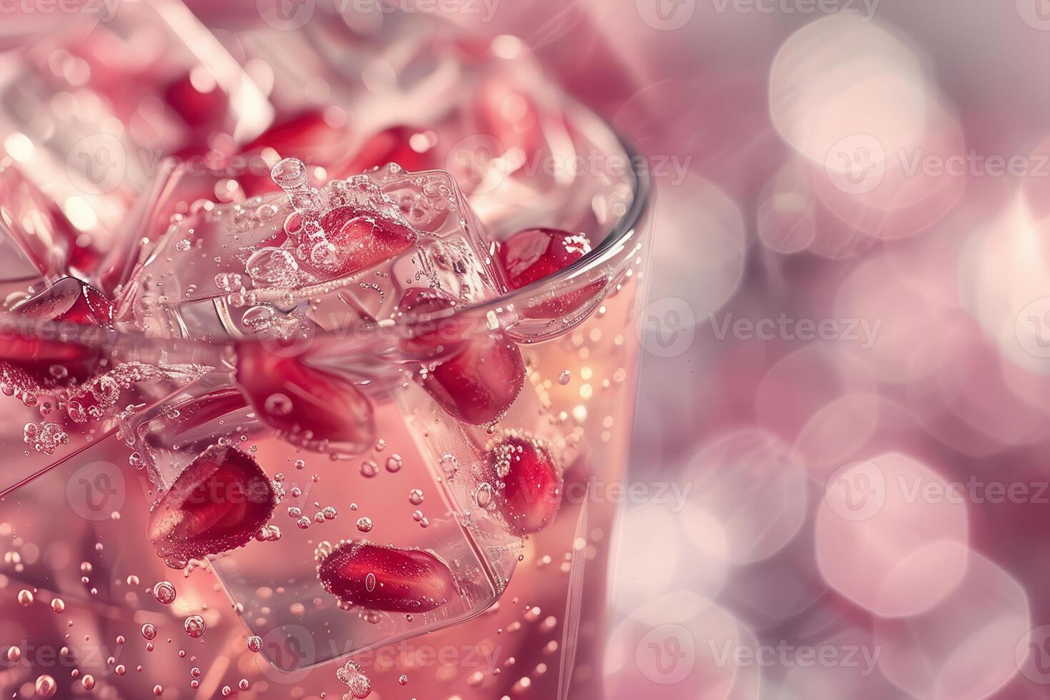 Pomegranate juice with ice cubes on pink background photo