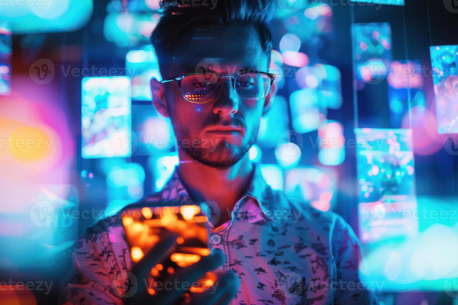 A man in glasses holding a cell phone in front of a colorful background photo