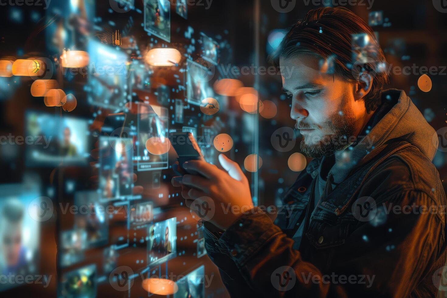 A man is looking at his phone while looking at a screen with many icons photo