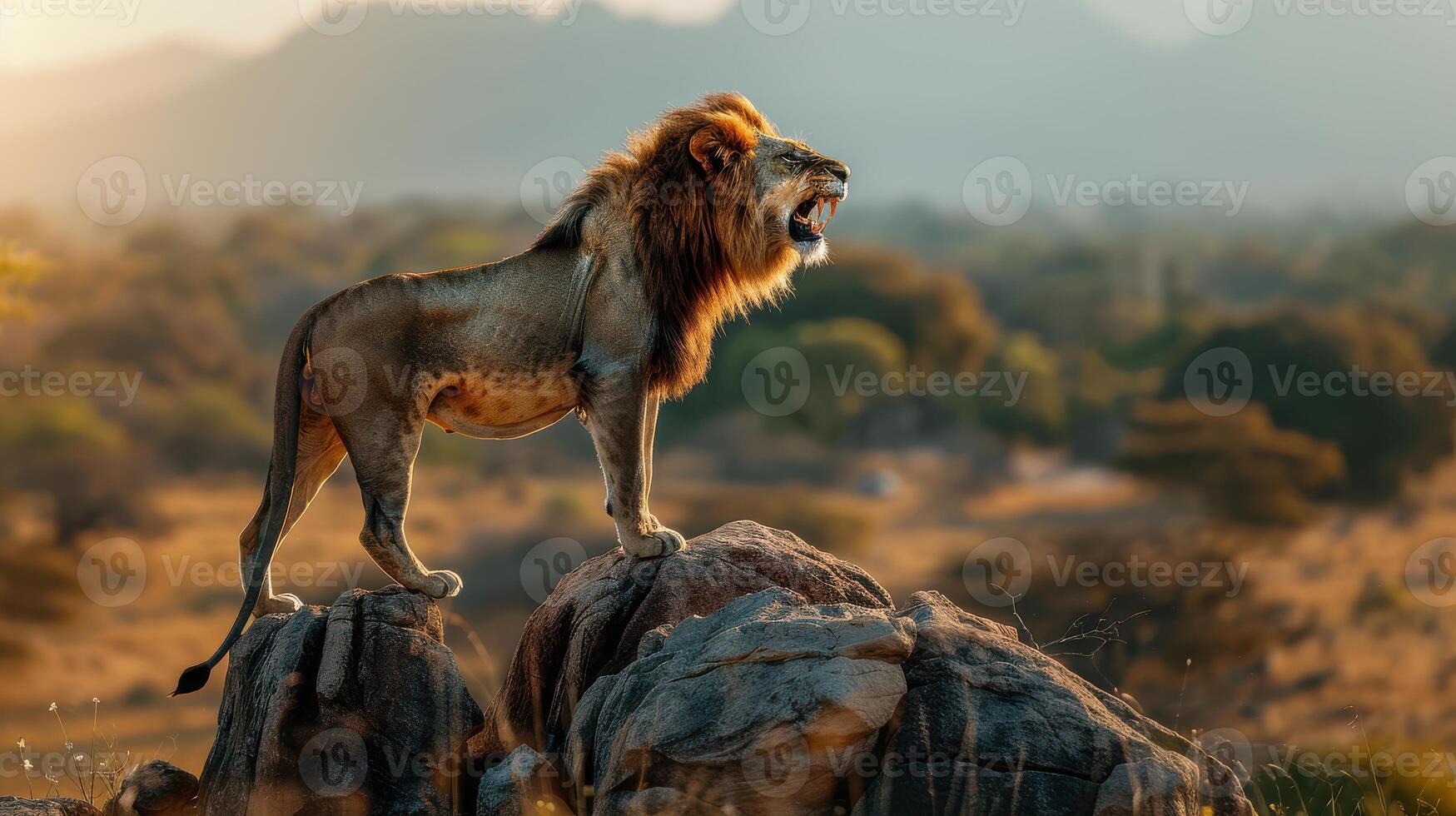 The lion is standing on top of a rock in the middle of a field photo