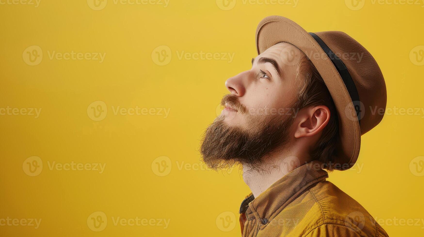 A man with a beard and hat looking up photo