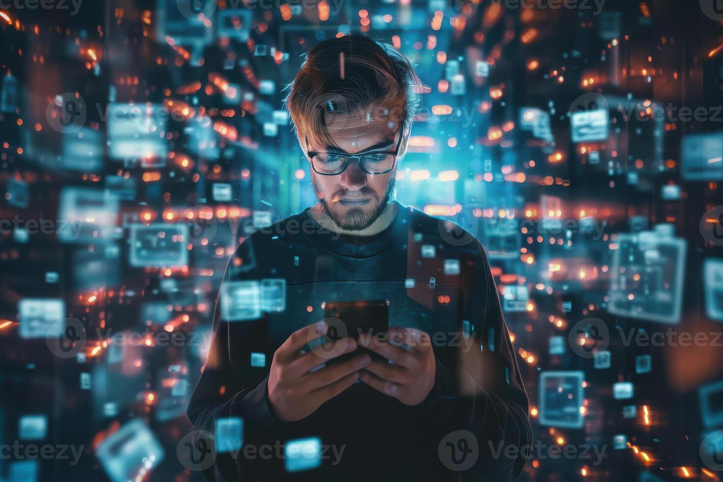 A man in glasses is looking at his phone while surrounded by digital icons photo