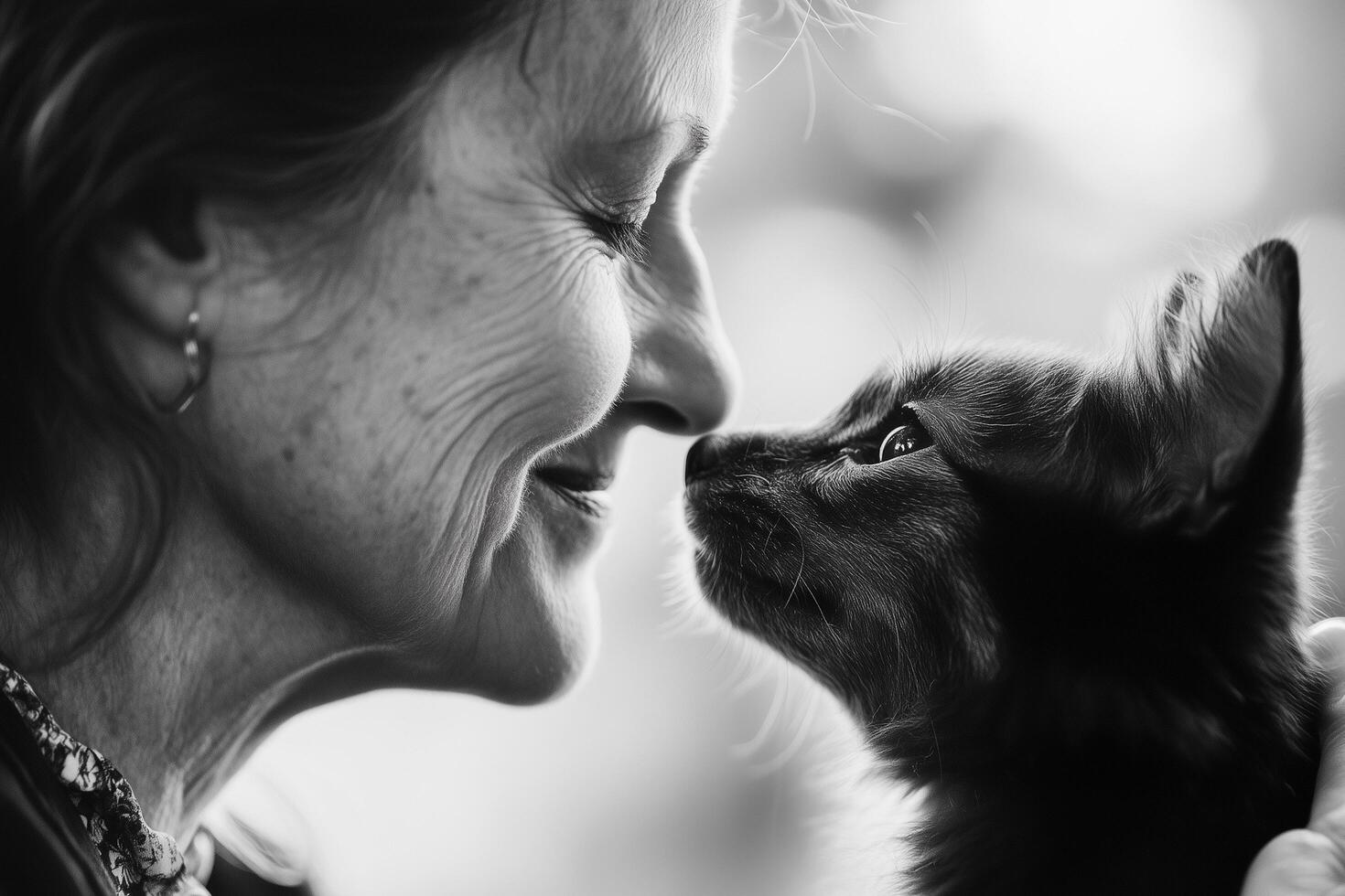 A touching portrait of elder woman gently pressing her nose against a cat photo