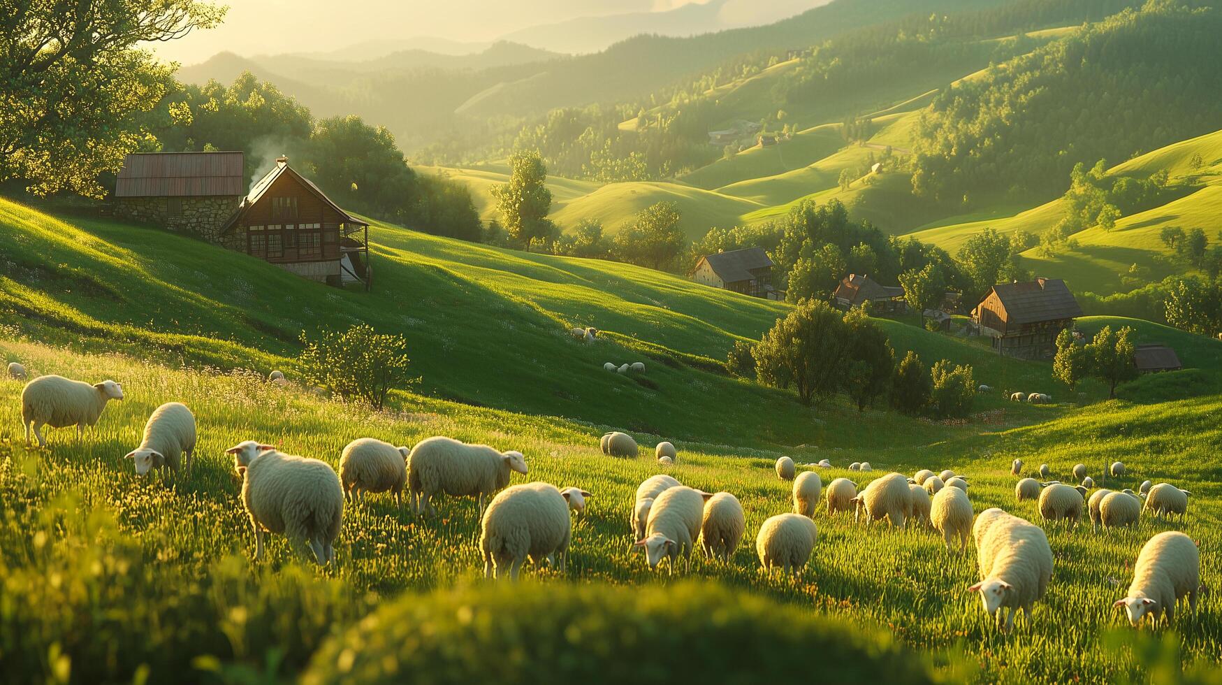 A tranquil rural scene of a flock of sheep grazing on vibrant green hills photo