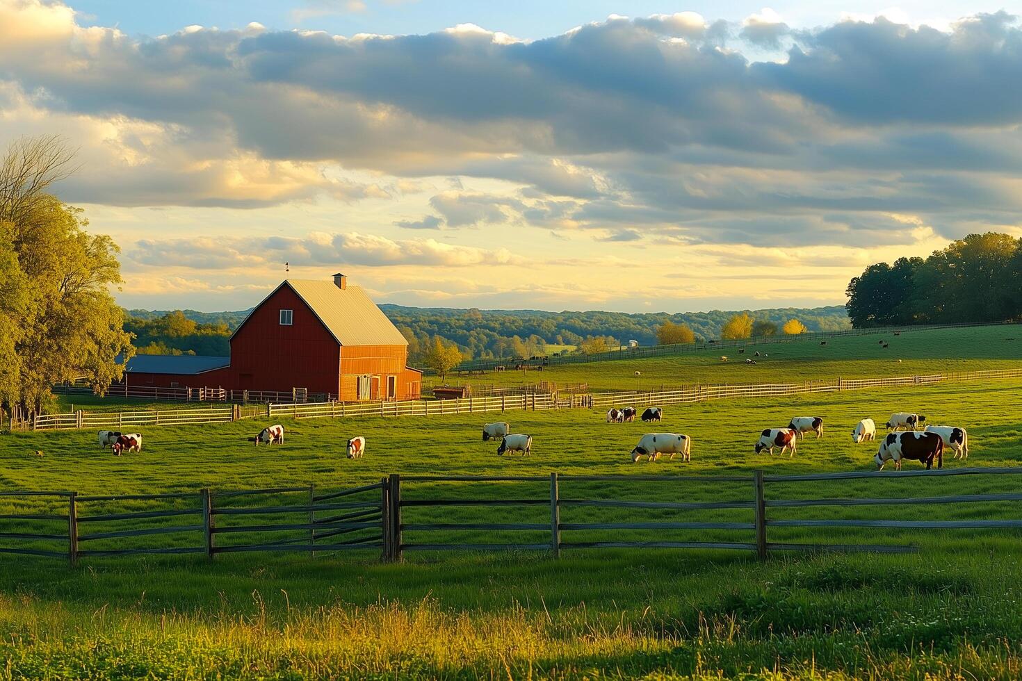 A peaceful rural scene showcasing a red barn and cows grazing in a lush green pasture photo