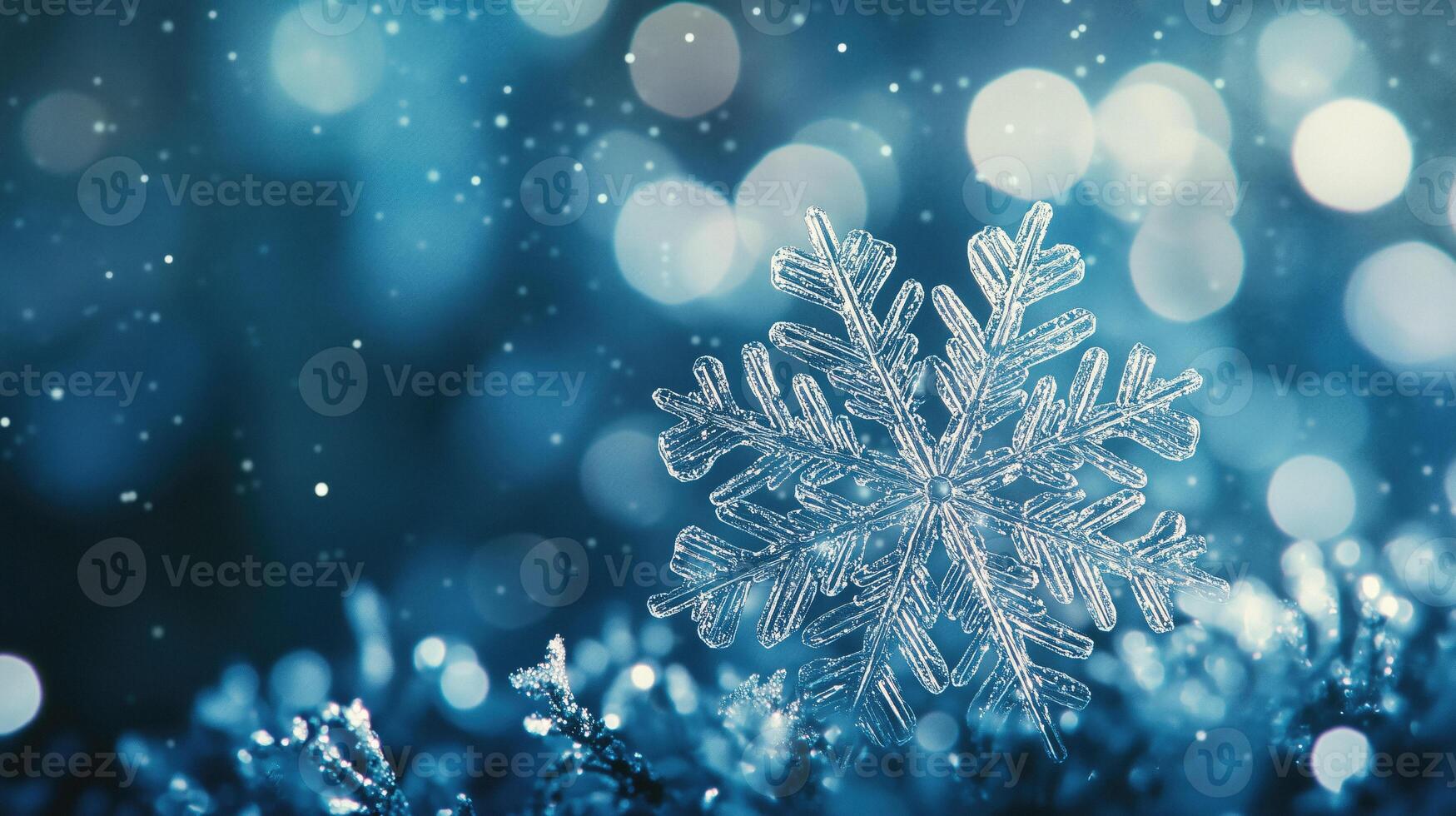 A snowflake is shown in front of a blue background photo