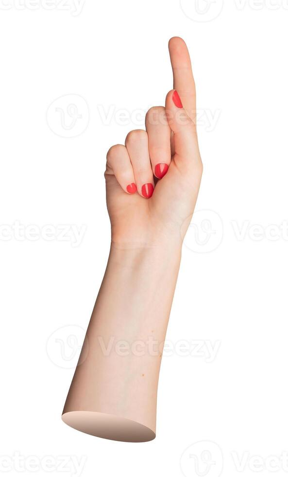 Woman s hand with red polished nails, index finger pointing up, isolated on white background. photo