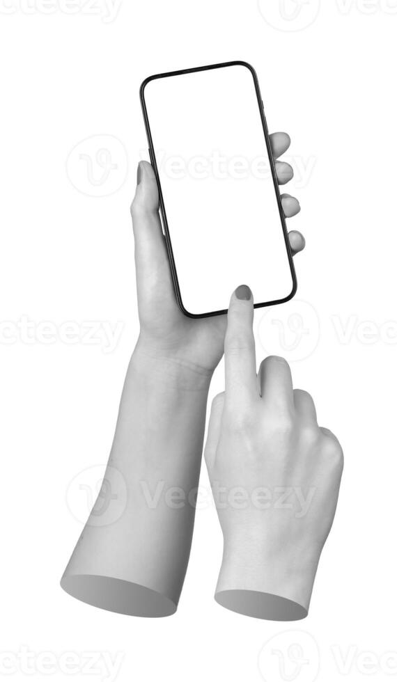 Woman s hand holding a smartphone, finger tapping the screen, isolated on white background. photo