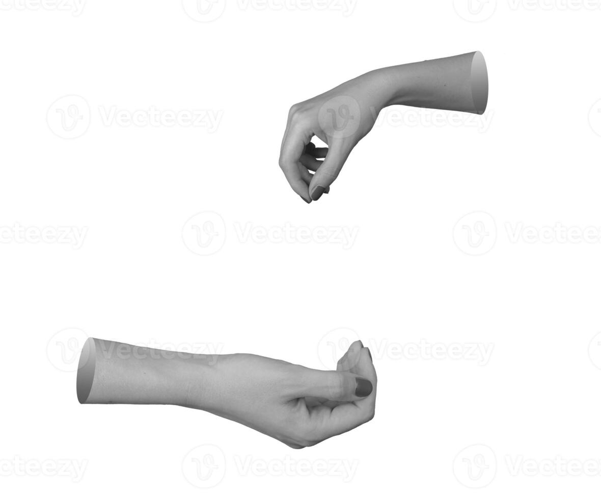 Hand offering help, open palm gesture for charity. Woman giving and receiving support, isolated on photo