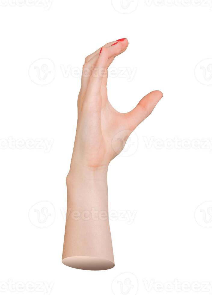 Woman s hand with open fingers, holding or grabbing something invisible, isolated on white photo