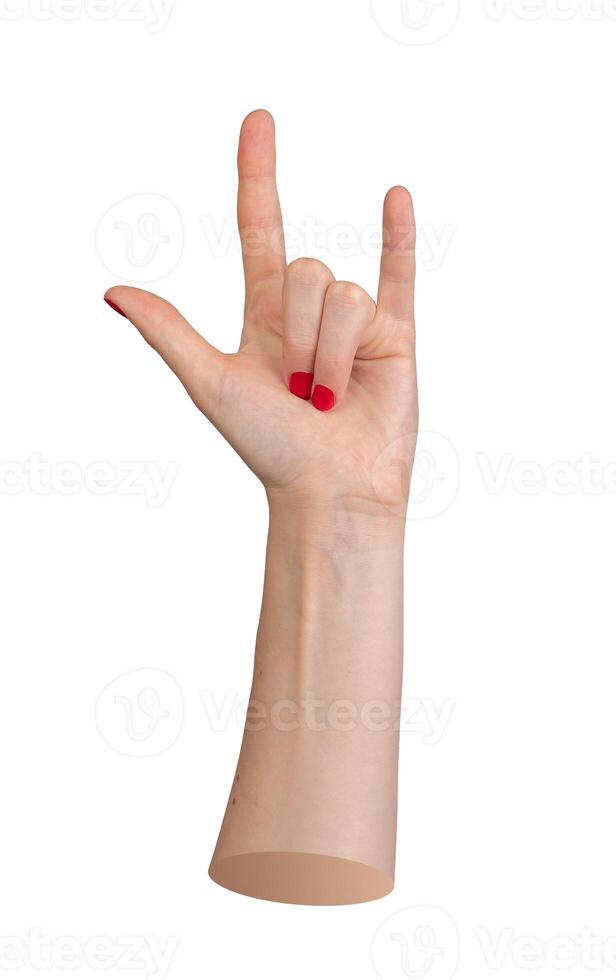 Woman s hand showing a rock and roll sign with red polished nails, isolated on white background. photo