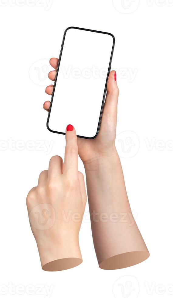 Woman s hand with red manicure holding a smartphone, finger scrolling on the screen. Isolated photo