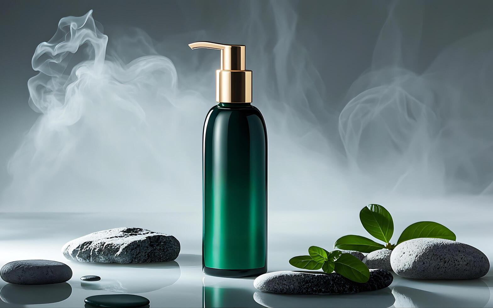 Elegant Green Skincare Bottle with Natural Elements in a Minimalist Setting photo