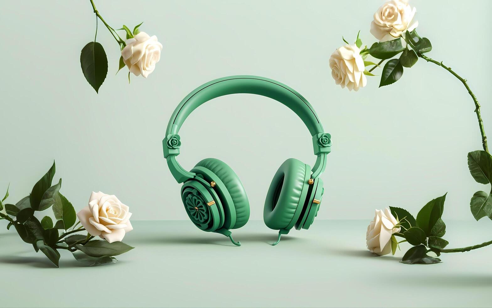A pair of green headphones with roses around them photo
