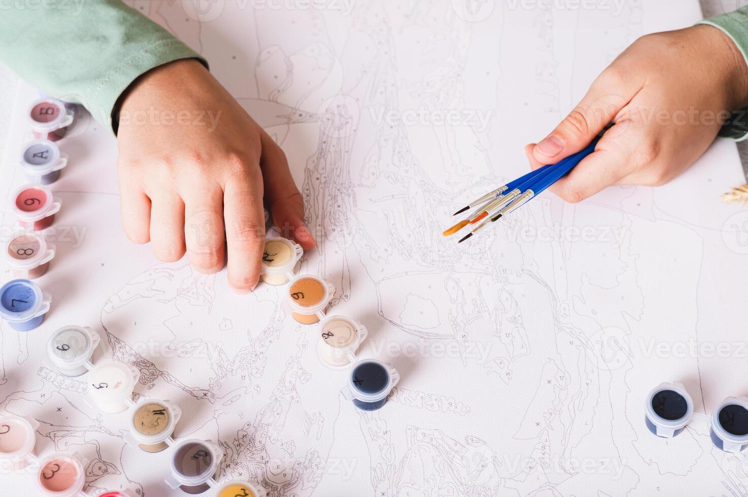 Girl's hands holding brushes and paints for painting by numbers photo