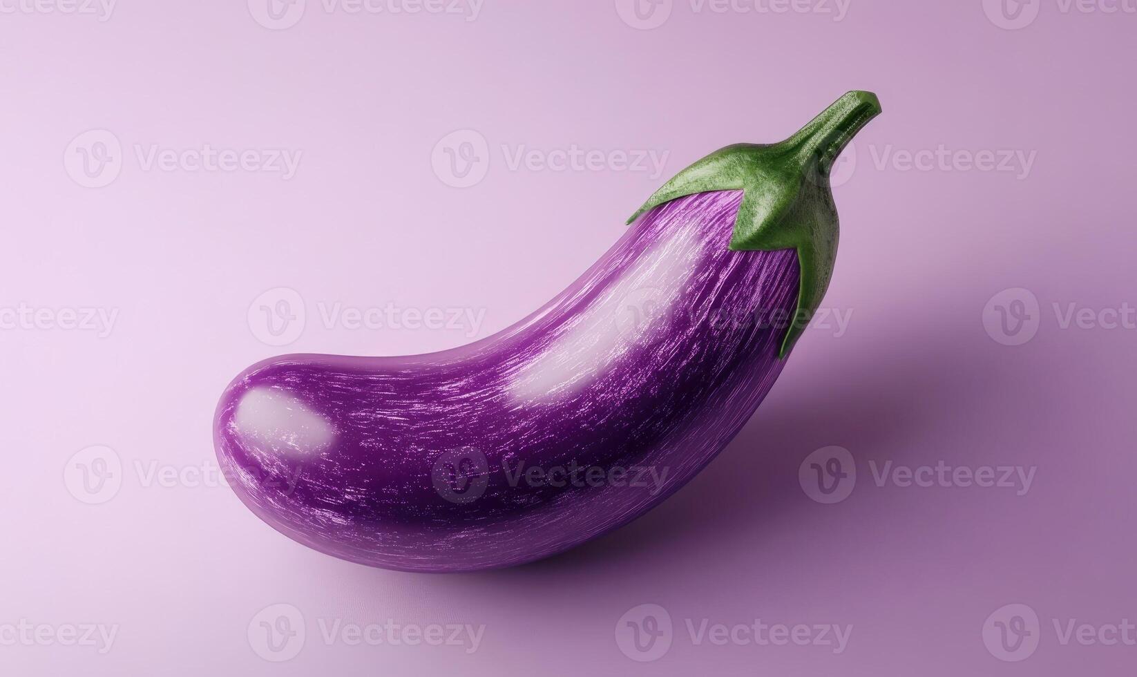 A vibrant purple eggplant rests on a soft purple background showcasing its glossy texture photo