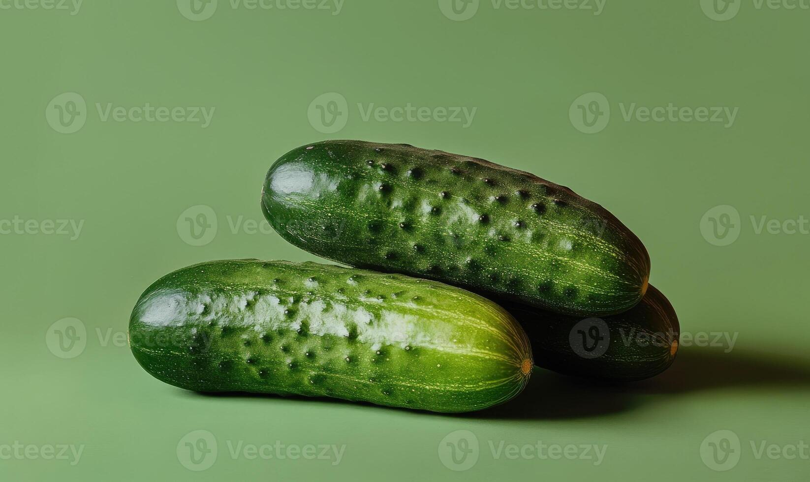Fresh cucumbers arranged neatly on a green surface, showcasing their vibrant texture and color photo