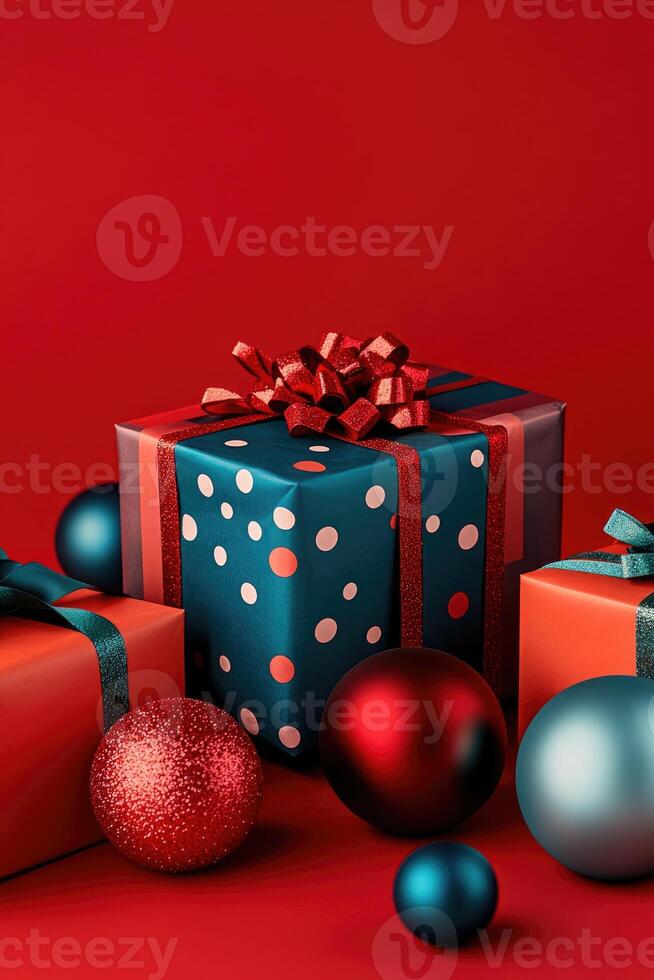 Colorful assortment of holiday gifts and ornaments on red background ready for celebration photo
