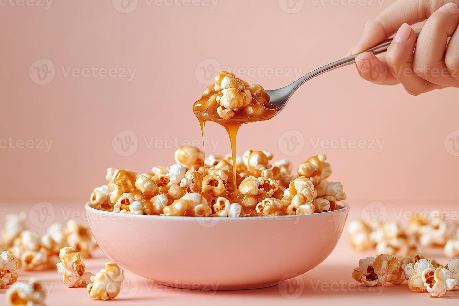 Delicious caramel popcorn in a bowl with a hand using a spoon to serve the treat photo