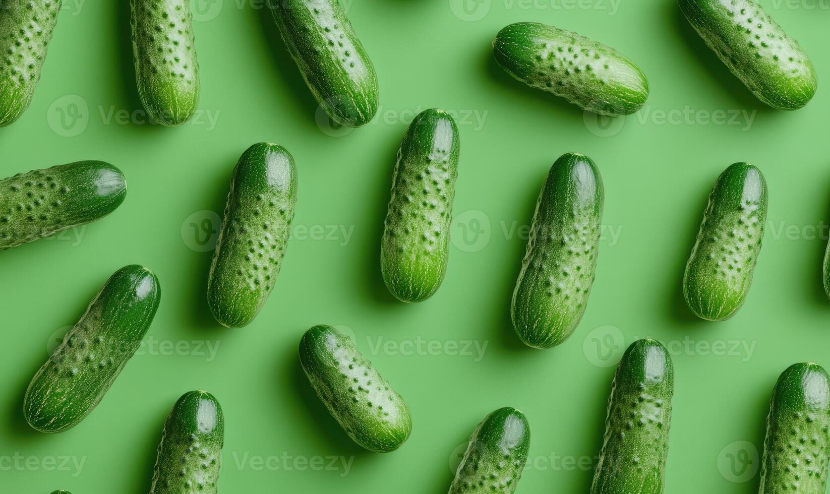 Fresh cucumbers arranged on a vibrant green background for a healthy food display photo