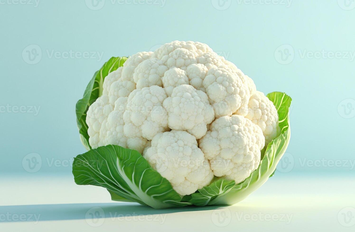Fresh cauliflower with green leaves displayed against a light blue background in a kitchen setting photo