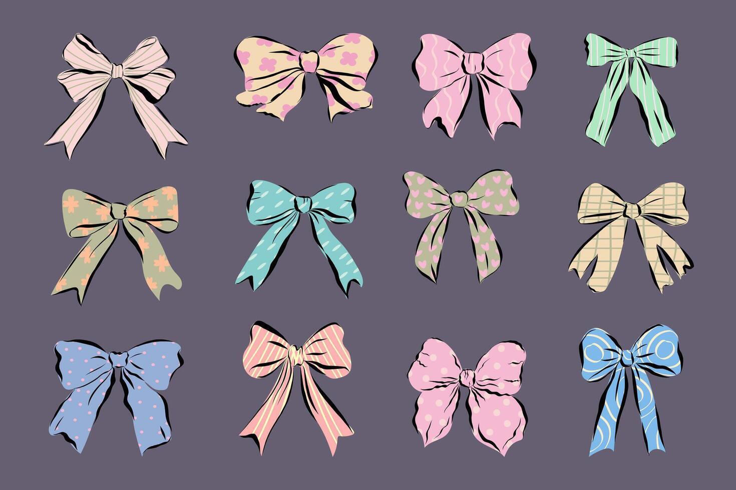 Bow ribbons of different colors and patterns isolated on background. vector
