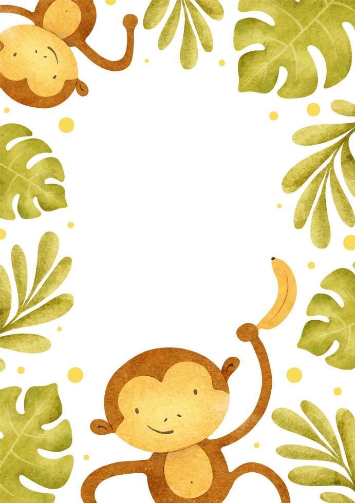 Cute baby monkeys, banana, tropical leaves, dots. Safari frame of marmosets. Funny kid's hand drawn watercolor background. Layout for children's invitation cards, baby shower, decoration of kid's room vector