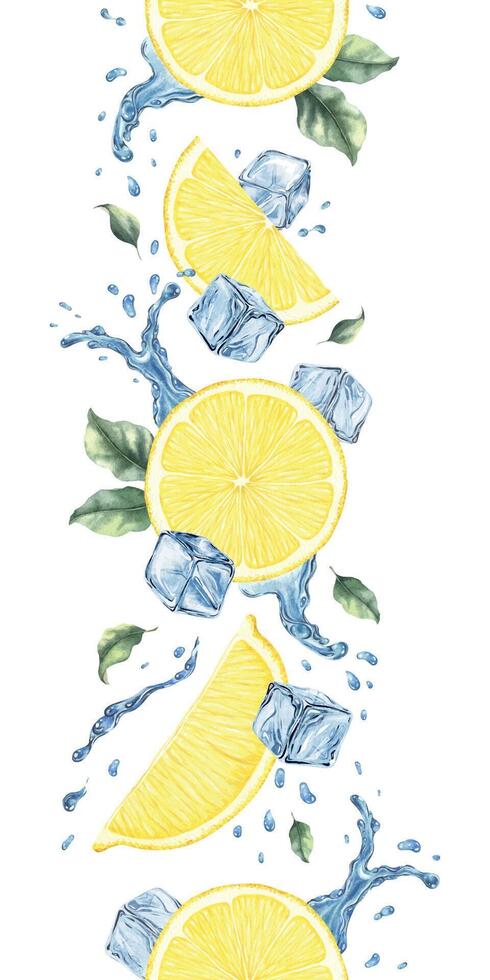 Lemon slices falling splashes water, ice cubes. Isolated hand drawn watercolor seamless border. Banner of cold liquid Tropical citrus fruit. Design for menu, package, cosmetic vector