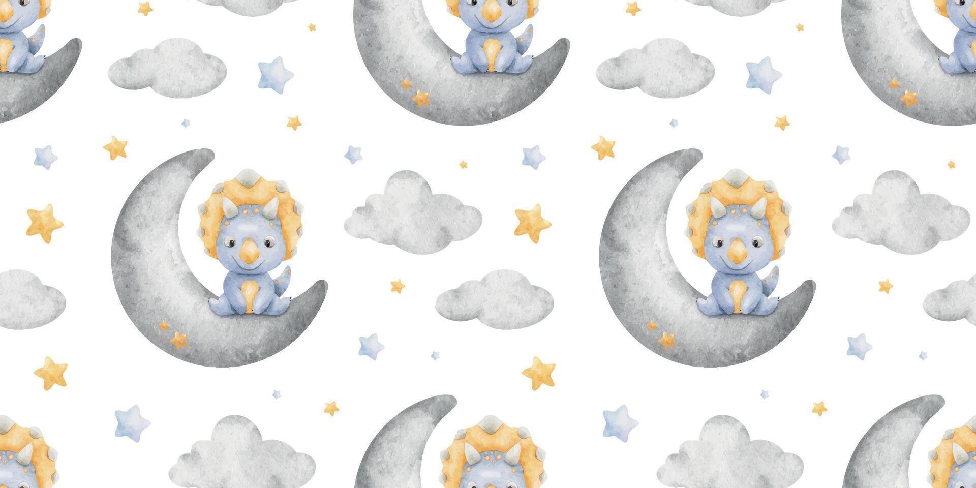 Blue baby dinosaur sitting on Crescent Moon, clouds, stars. Print with triceratops. Watercolor seamless pattern. Background for design kid's goods card, postcard, fabric, scrapbooking, office supplies vector