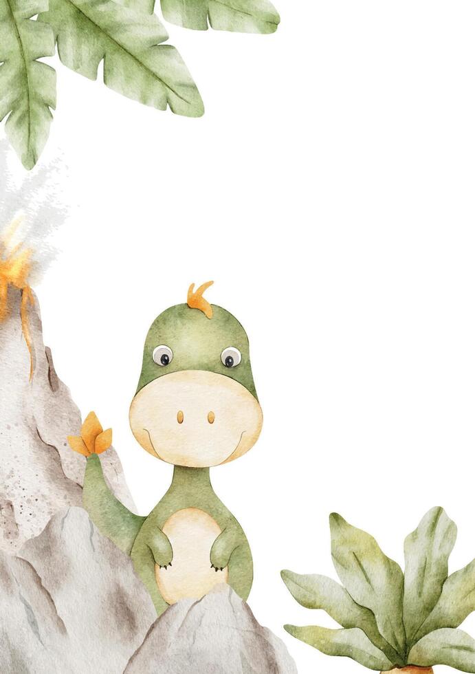 Green baby dinosaur, mountain, erupting volcano and palm leaves. Isolated hand drawn Watercolor frame. Wreath of Tyrannosaurus rex dino for design children's room, kids goods, poster, baby shower card vector