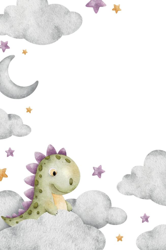 Green baby dinosaur sitting on Crescent moon, clouds, stars. Isolated hand drawn Watercolor frame. Background of Tyrannosaurus rex dinos for children's room, kid's goods, posters, baby shower cards vector