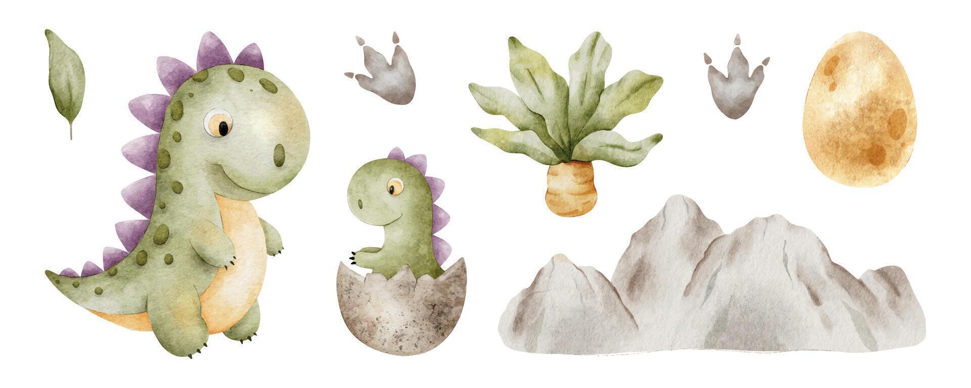 Set of tyrannosaurus rex, Mountain range, Palm trees, footprints, eggs. Isolated hand drawn watercolor illustrations of dinos. Clipart of cute green dinosaurs for children's baby shower cards vector