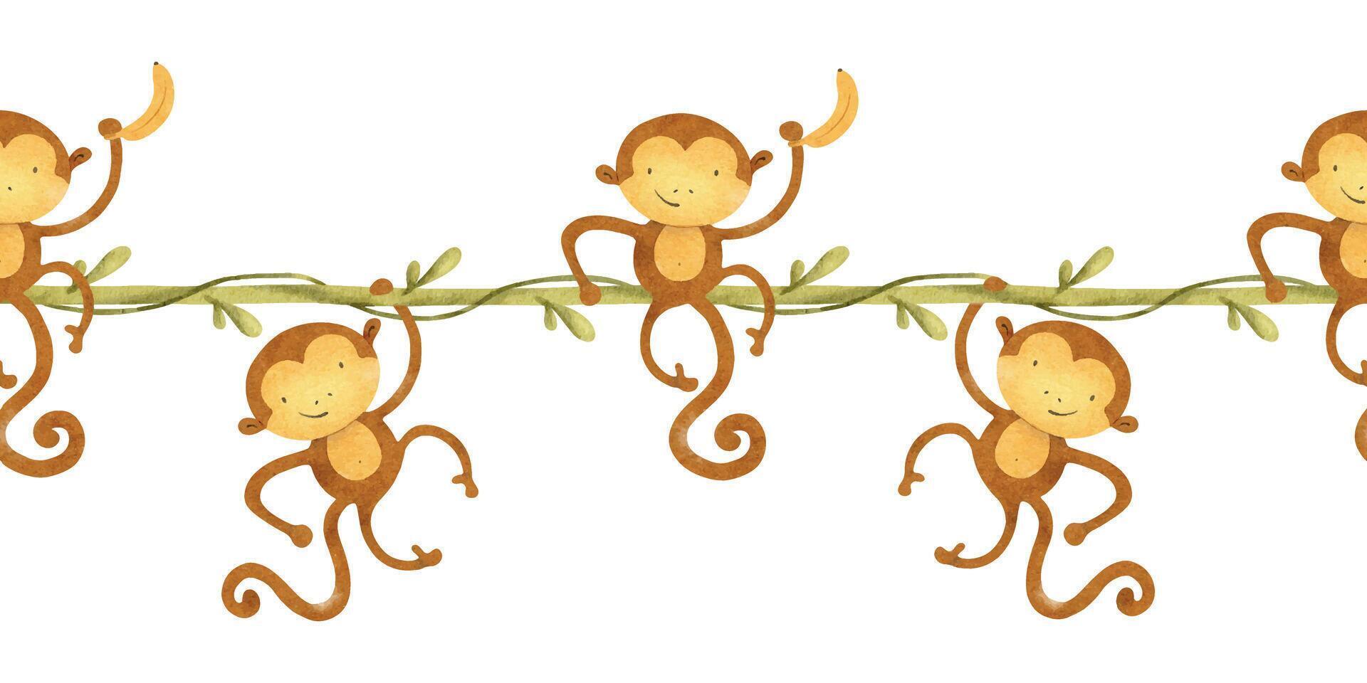 Baby monkeys hanging on liana. Childish background of African jungle animal. Banner of macaque and bananas. Watercolor seamless border for design kid's goods, cards, stationery, fabric, scrapbook vector