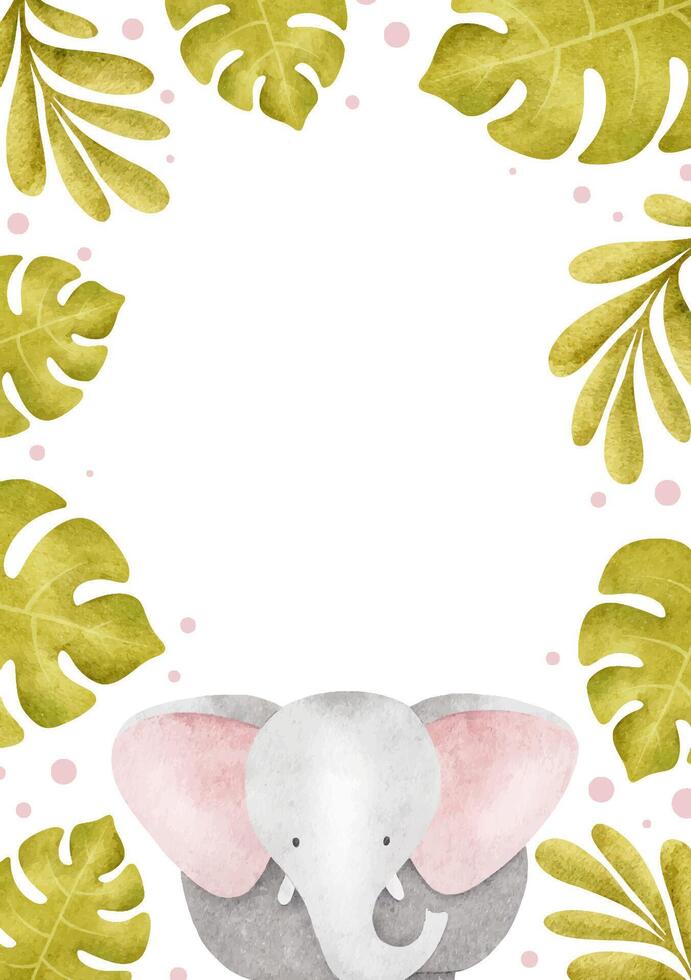 Cute baby elephant, tropical monstera leaves, dots. Funny Safari frame. Kid's hand drawn wat vector