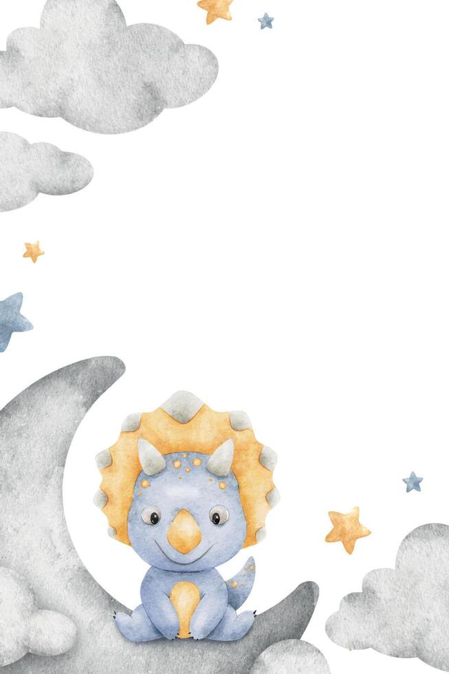 Triceratops sitting on Crescent moon, clouds, stars. Isolated hand drawn Watercolor frame. Background of blue baby dinosaur for children's room, kids goods, posters, baby shower cards vector
