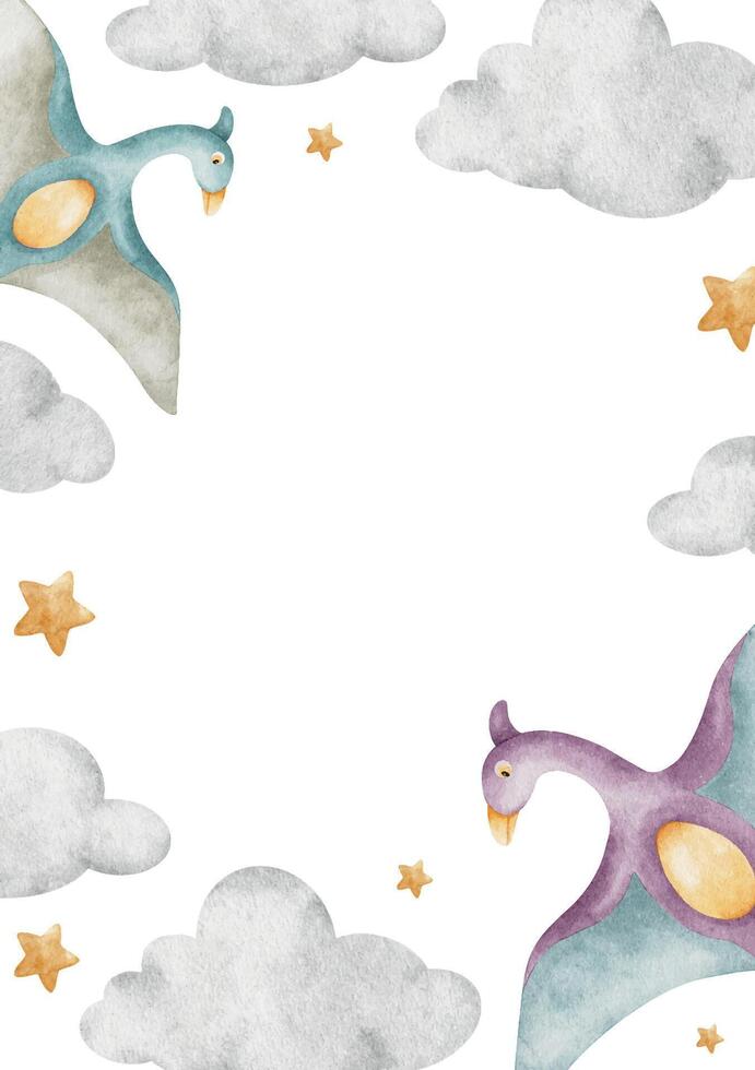 Pterodactylus, clouds and stars. Isolated hand drawn watercolor seamless frame of dino. Wreath of dinosaur for children's invitation cards, baby shower, decoration of kid's rooms vector