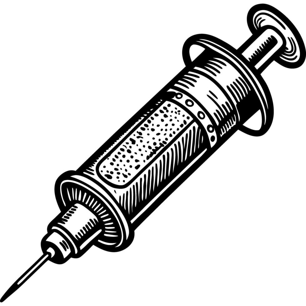 Detailed Vintage Syringe Illustration in Black and White for Medical-Themed Designs vector