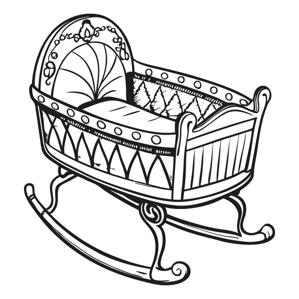 Vintage Baby Cradle Illustration Detailed Line Art of Antique Rocking Bassinet vector