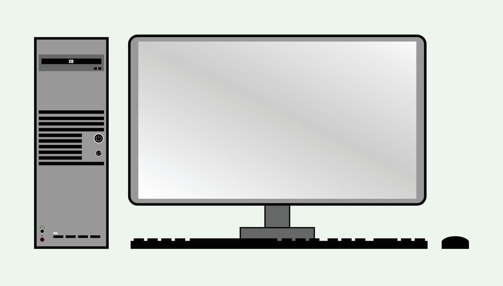 Desktop computer contains keyboard and mouse, office set PC, grey and black, CD rom drive, USB input ports and mic and speakers input output ports, suitable for educational content and books figures vector