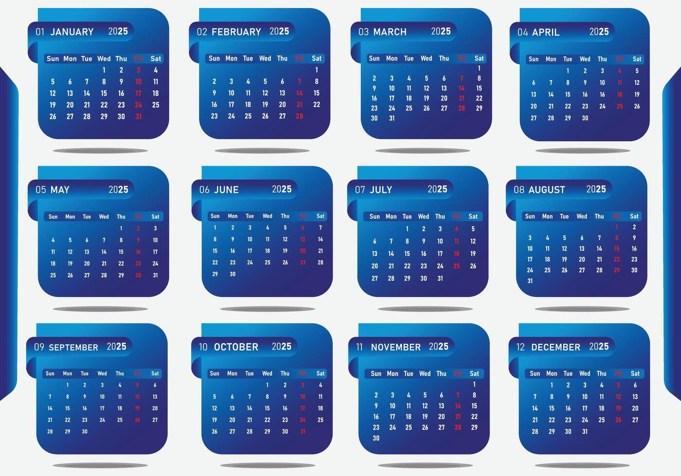 Monthly calendar template for 2025 year. Wall calendar in a minimalist style. Week Starts on Sunday. vector
