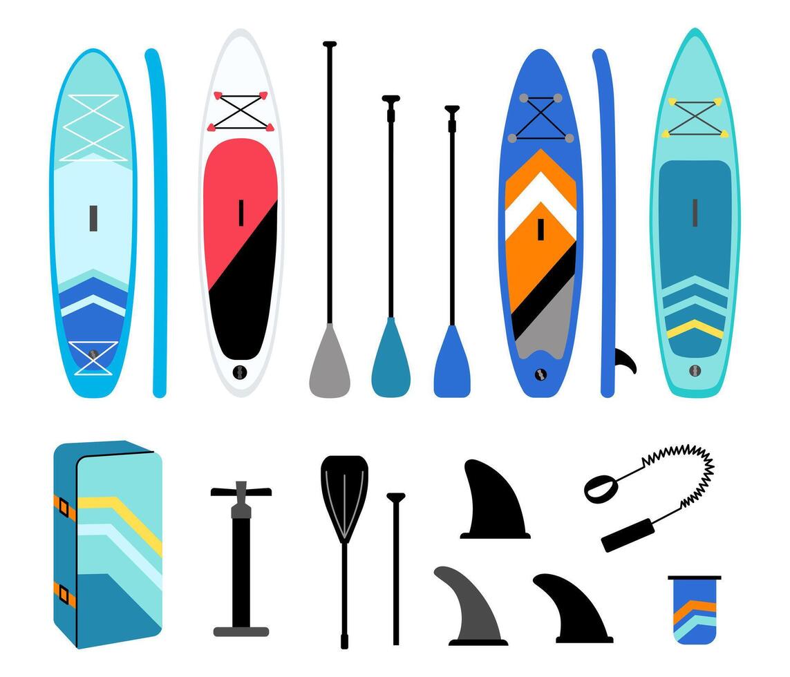 Set of stand-up paddleboards and accessories. SUP boards of different shapes, pump, fins and oars. Flat style illustration isolated on white. vector