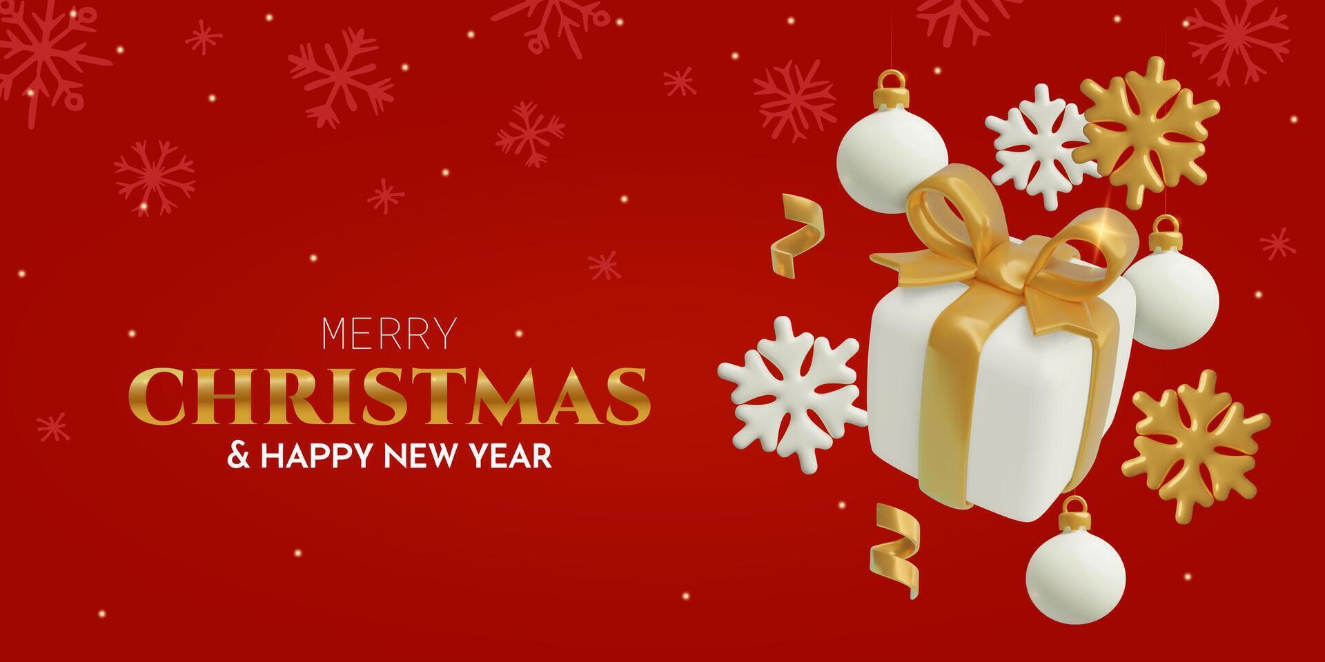 Merry Christmas greeting card template with 3d realistic present box gold ribbons and snowflakes vector