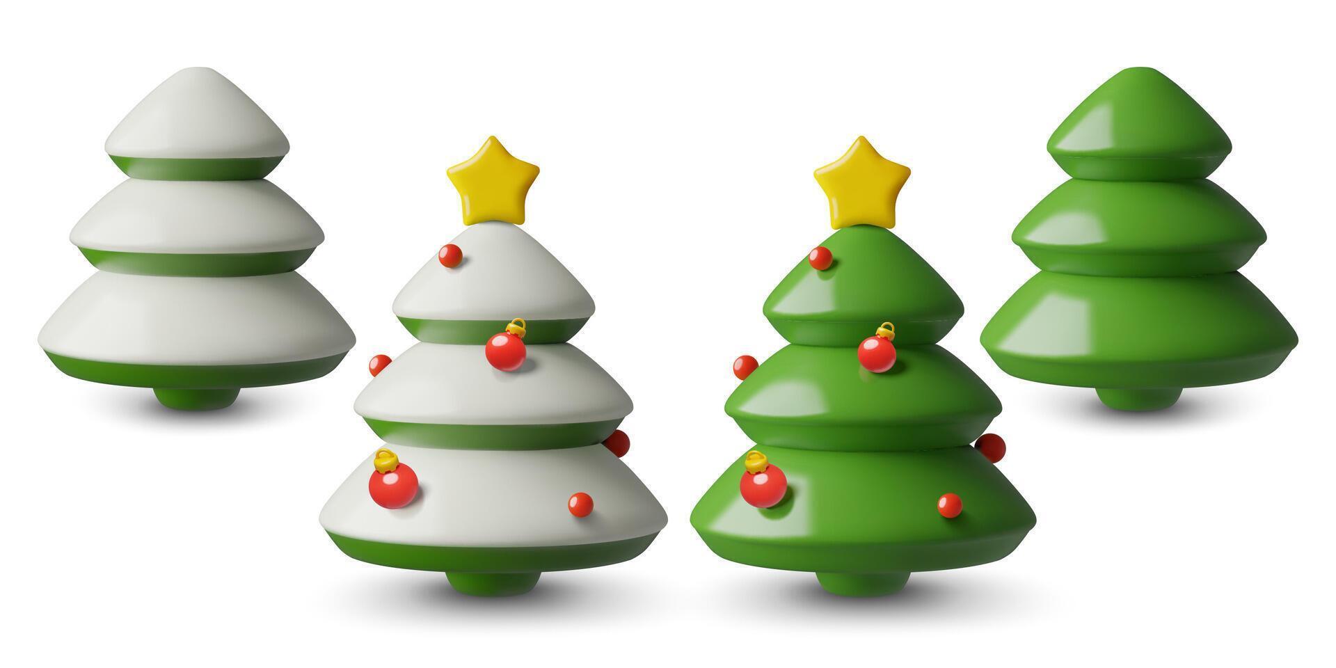 3d Christmas tree and New Year winter pines with star and red balls minimal illustration vector
