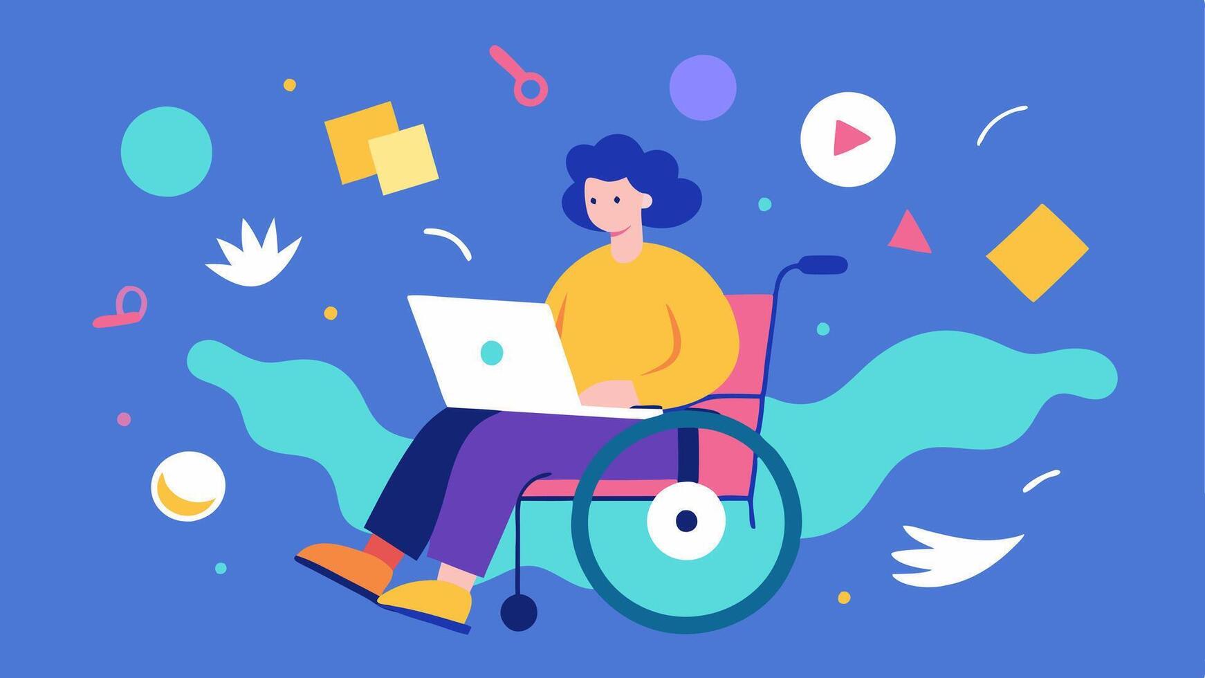 Writing Wheelchair A writer in a wheelchair joyfully typing on a laptop with an open notebook beside them surrounded by colorful illustrations of stories swirling in the air.. vector