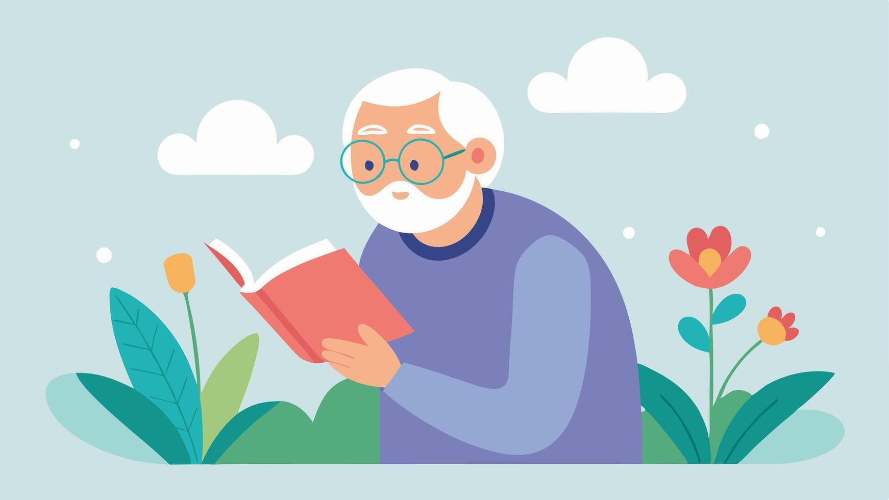 Magnifying Glass A senior member of a family reading a book in a park using a handheld magnifying glass to help read small text with flowers and greenery in the background.. vector